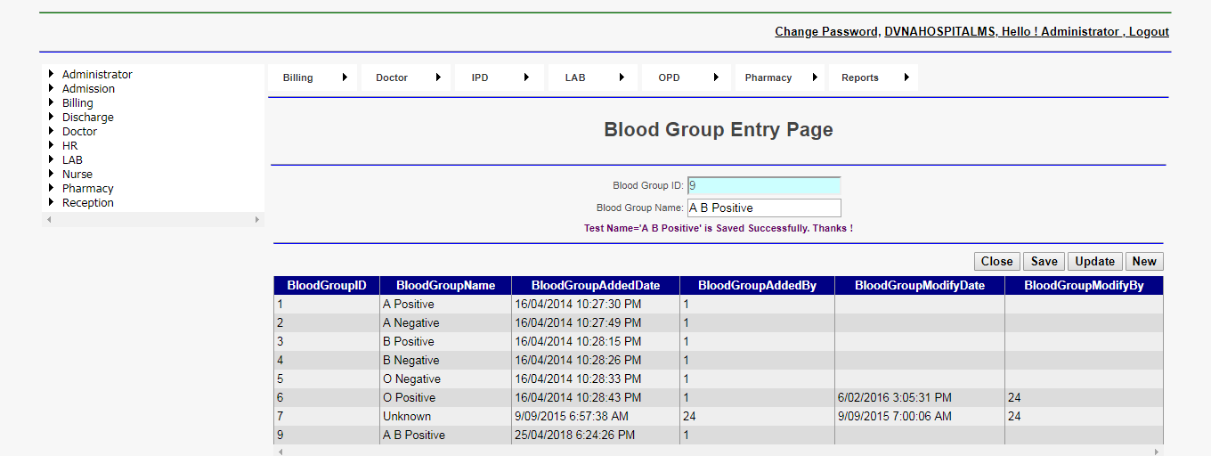 DVNA Hospital Management Software Blood Group Entry Page